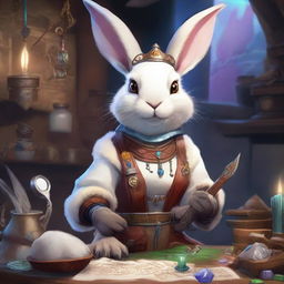 A female anthropomorphic rabbit Artificer, a Dungeons and Dragons 5e character, with medium build and fawn and white fur