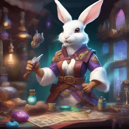 A female anthropomorphic rabbit Artificer, a Dungeons and Dragons 5e character, with medium build and fawn and white fur