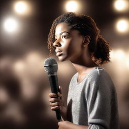 Create a novel cover featuring a young woman with social anxiety standing on a stage with a microphone