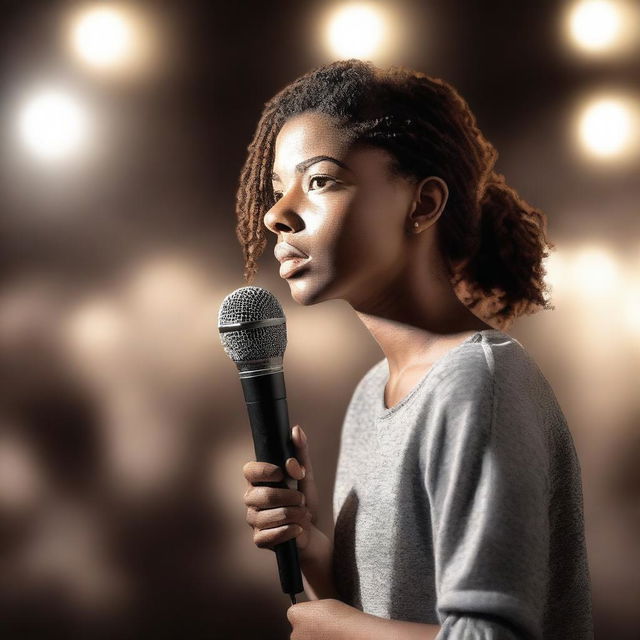 Create a novel cover featuring a young woman with social anxiety standing on a stage with a microphone