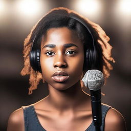 Create a novel cover featuring a young woman with social anxiety standing on a stage with a microphone