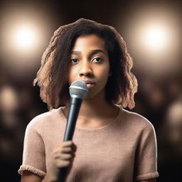 Create a novel cover featuring a young woman with social anxiety standing on a stage with a microphone