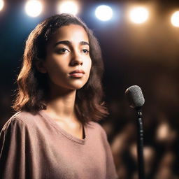 Create a novel cover featuring a young woman with social anxiety standing on a stage with a microphone