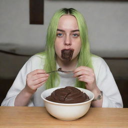 Billie Eilish enjoyably consuming a bowl of chunky chocolate pudding, with traces of chocolate smeared around her mouth for a playful vibe.