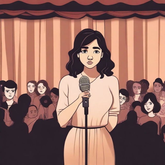 Create a cartoon-style novel cover featuring a young woman with social anxiety standing on a stage with a microphone