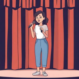 Create a cartoon-style novel cover featuring a young woman with social anxiety standing on a stage with a microphone