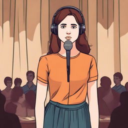 Create a cartoon-style novel cover featuring a young woman with social anxiety standing on a stage with a microphone