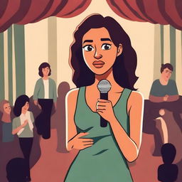 Create a cartoon-style novel cover featuring a young woman with social anxiety standing on a stage with a microphone