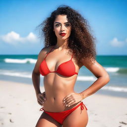 A girl with dark brown curly hair, tan skin, wearing a cherry red bikini, red lipstick, and red nail polish