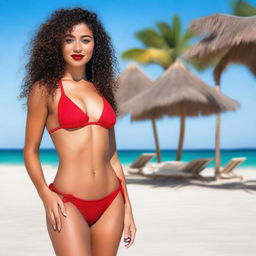 A girl with dark brown curly hair, tan skin, wearing a cherry red bikini, red lipstick, and red nail polish