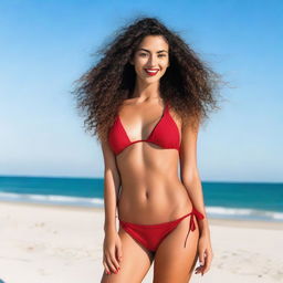 A girl with dark brown curly hair, tan skin, wearing a cherry red bikini, red lipstick, and red nail polish