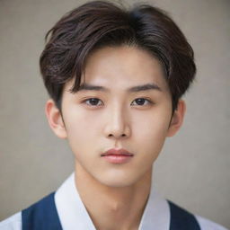 A Korean boy with a delicate face, elegant features, and sharp eyes. His appearance is impeccable.