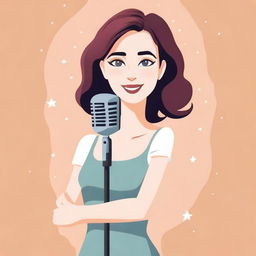 Create a cute and charming novel cover design featuring a young woman holding a microphone on stage