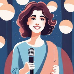 Create a cute and charming novel cover design featuring a young woman holding a microphone on stage