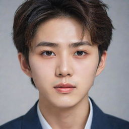 A Korean boy with a delicate face, elegant features, and sharp eyes. His appearance is impeccable.