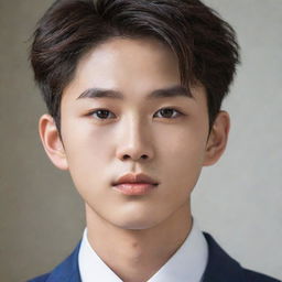 A Korean boy with a delicate face, elegant features, and sharp eyes. His appearance is impeccable.