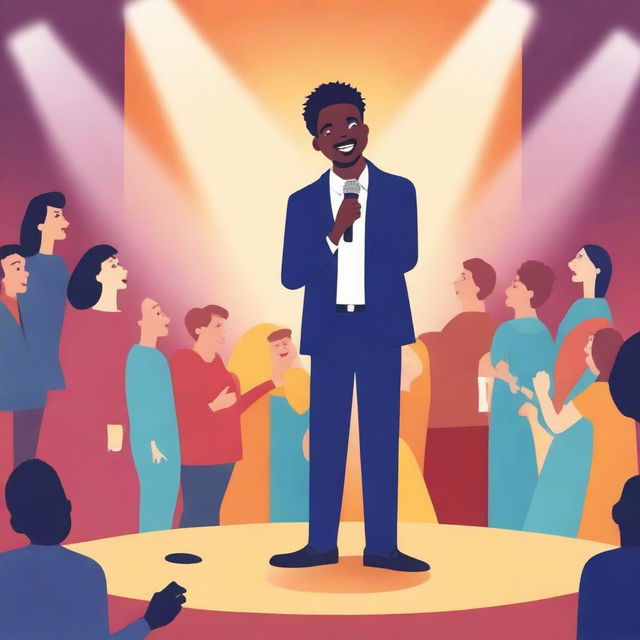 Create a cute novel cover design featuring a stand-up comedian holding a mic on a stage under the spotlight