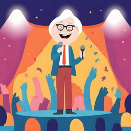 Create a cute novel cover design featuring a stand-up comedian holding a mic on a stage under the spotlight