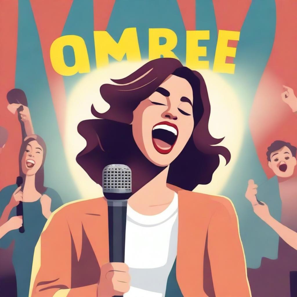 Create a cute novel cover design featuring a woman stand-up comedian holding a microphone on stage under a spotlight