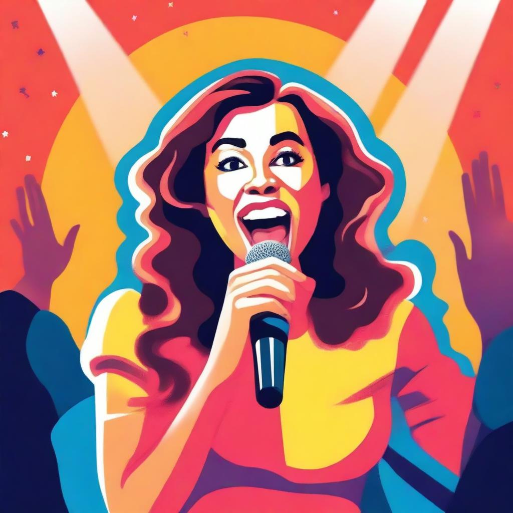 Create a cute and colorful novel cover design featuring a stand-up comedian woman holding a microphone on stage under a bright spotlight