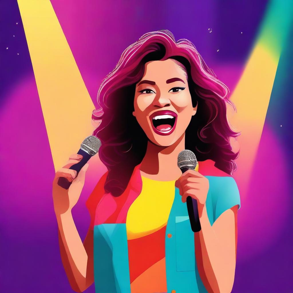 Create a cute and colorful novel cover design featuring a stand-up comedian woman holding a microphone on stage under a bright spotlight