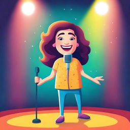 Create a cute and colorful novel cover design featuring a stand-up comedian woman holding a microphone on stage under a bright spotlight