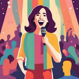 Create a cute and colorful novel cover design featuring a stand-up comedian woman in modest clothes