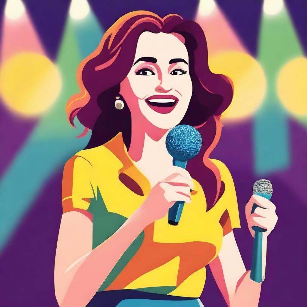 Create a cute and colorful novel cover design featuring a stand-up comedian woman in modest clothes