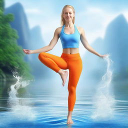 A detailed image of a woman with blond hair and blue eyes doing yoga