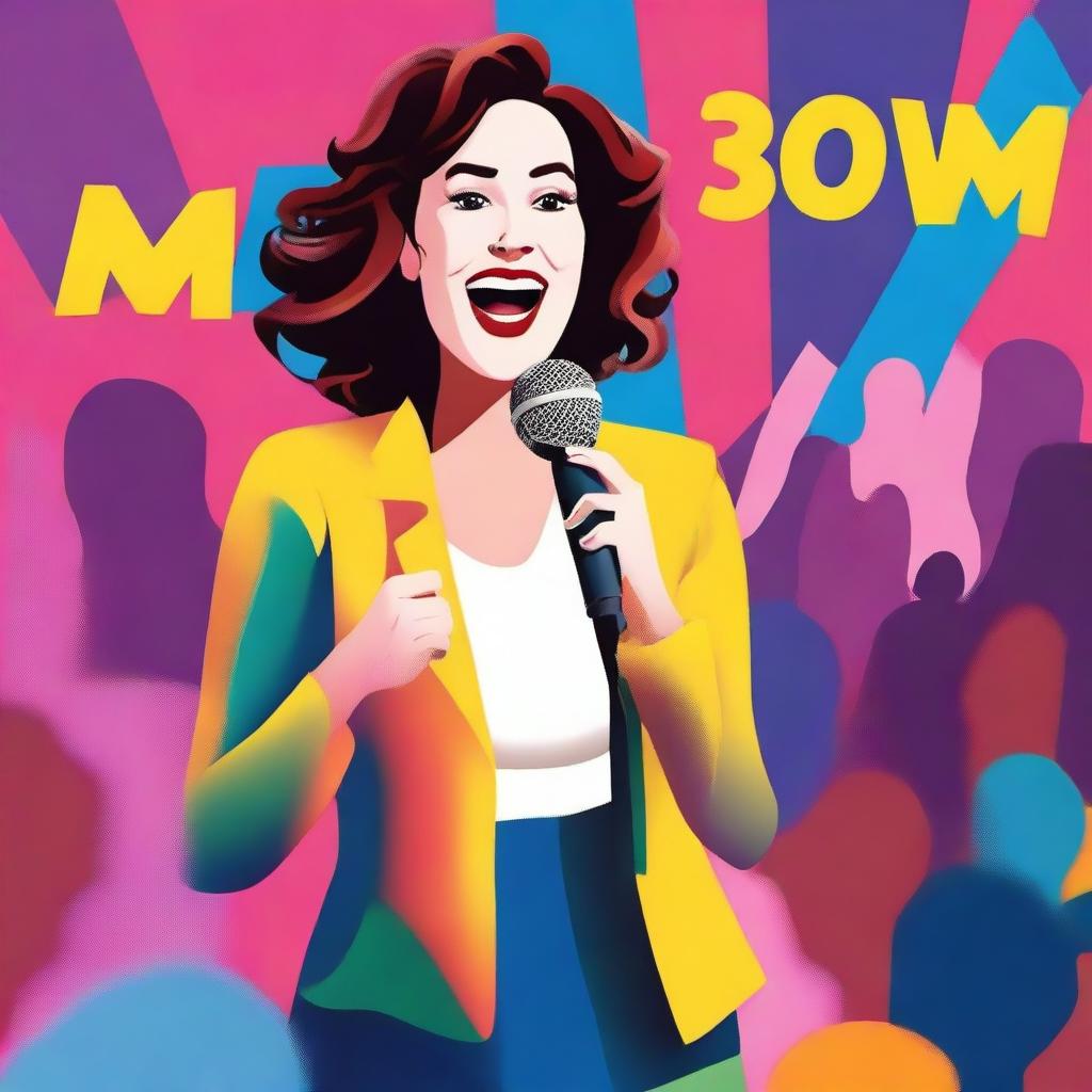 Create a colorful novel cover design featuring a stand-up comedian woman in modest clothes holding a microphone on stage under the spotlight