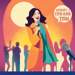 Create a colorful novel cover design featuring a stand-up comedian woman in modest clothes holding a microphone on stage under the spotlight