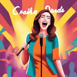 Create a colorful novel cover design featuring a stand-up comedian woman in modest clothes holding a microphone on stage under the spotlight