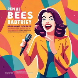 Create a colorful novel cover design featuring a stand-up comedian woman in modest clothes holding a microphone on stage under the spotlight