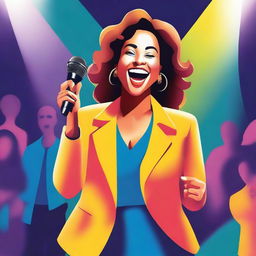 Create a vibrant and colorful novel cover design featuring a stand-up comedian woman in modest clothes