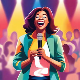 Create a vibrant and colorful novel cover design featuring a stand-up comedian woman in modest clothes