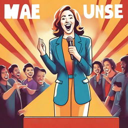 Create a humorous novel cover design featuring a female stand-up comedian in modest clothing