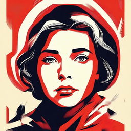 Create an image of a girl with a tear on her cheek in the style of USSR posters