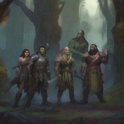 A detailed fantasy scene featuring a group of Dungeons & Dragons adventurers