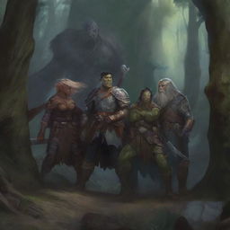 A detailed fantasy scene featuring a group of Dungeons & Dragons adventurers