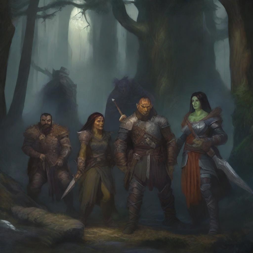 A detailed fantasy scene featuring a group of Dungeons & Dragons adventurers