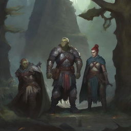 A detailed fantasy scene featuring a group of Dungeons & Dragons adventurers