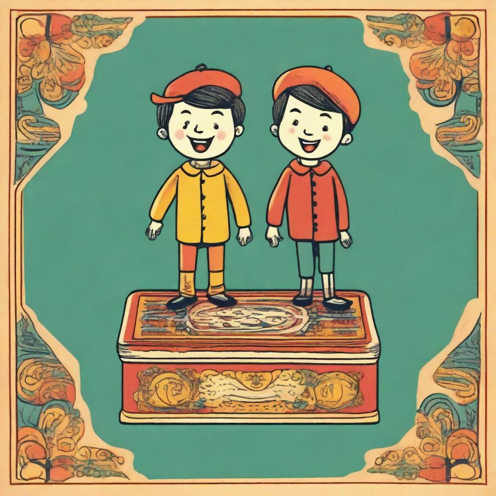 A detailed illustration of two young boys standing on a large matchbox