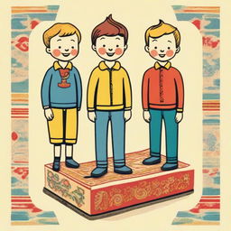 A detailed illustration of two young boys standing on a large matchbox