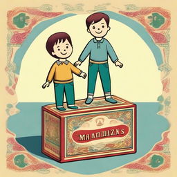 A detailed illustration of two young boys standing on a large matchbox