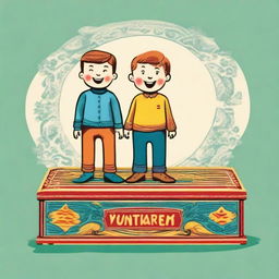 A detailed illustration of two young boys standing on a large matchbox