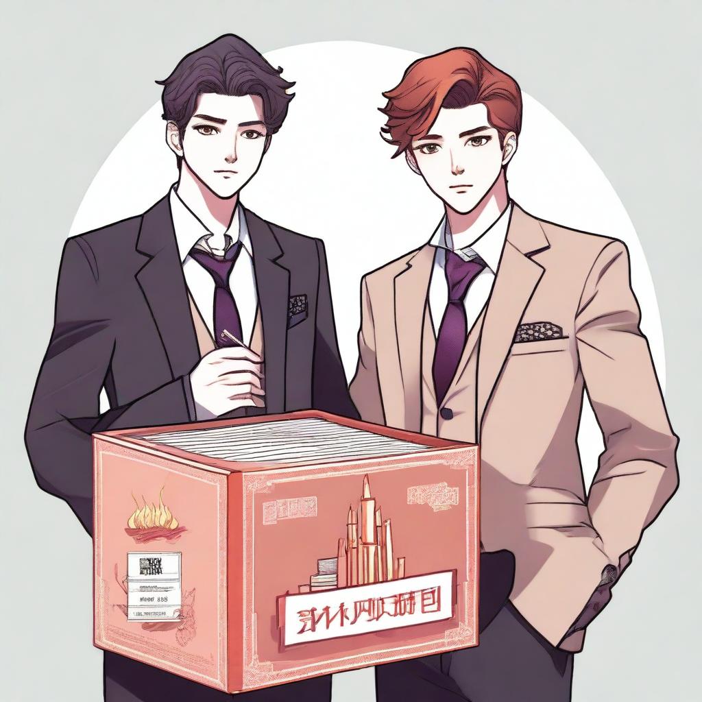 A detailed illustration of two handsome men styled as webtoon characters standing next to an open box of matches