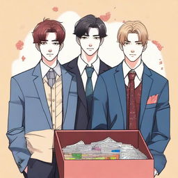 A detailed illustration of two handsome men styled as webtoon characters standing next to an open box of matches