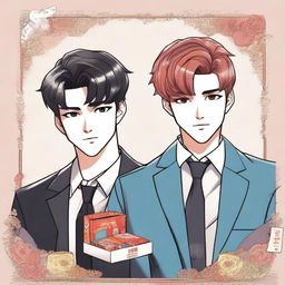 A detailed illustration of two handsome men styled as webtoon characters standing next to an open box of matches