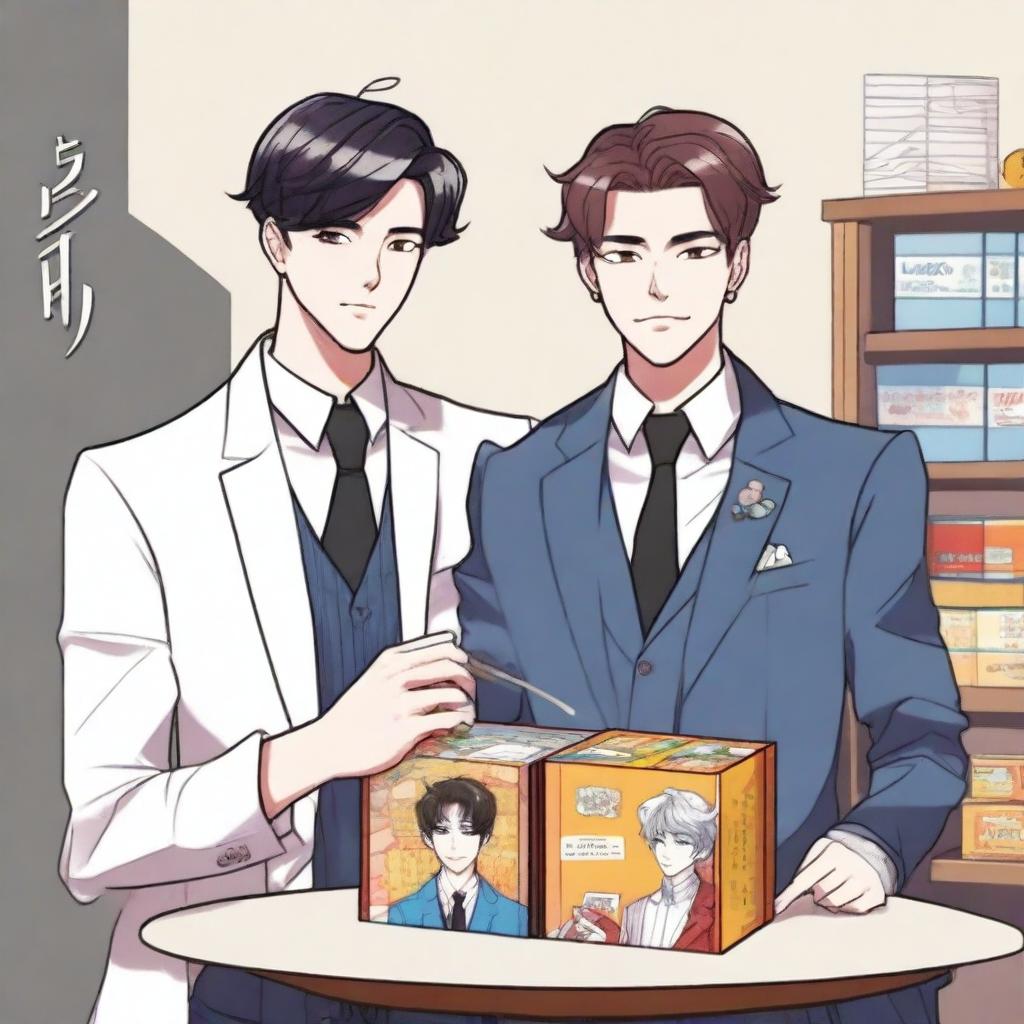 A detailed illustration of two handsome men styled as webtoon characters standing next to an open box of matches