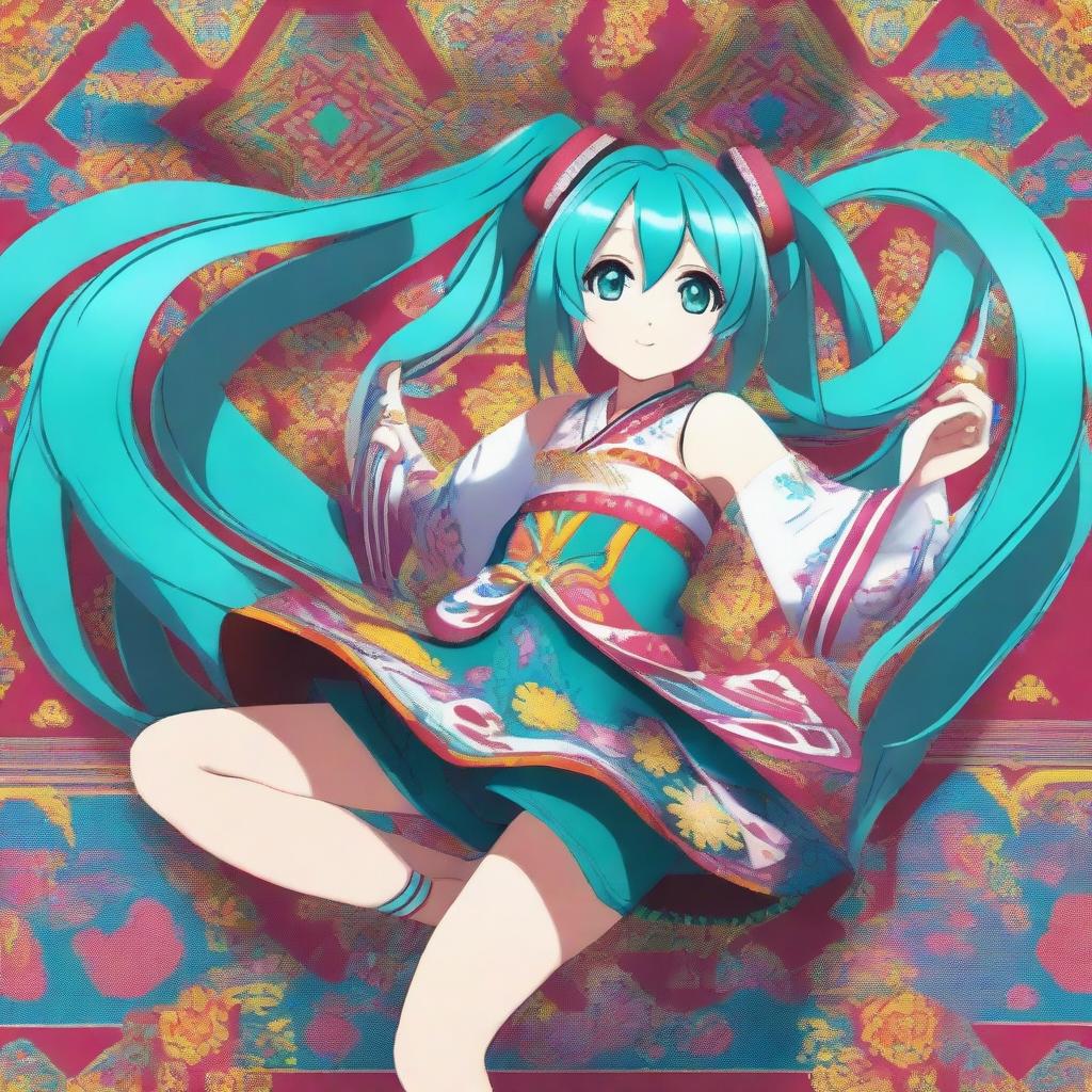 Hatsune Miku, the virtual pop star, is energetically dancing a traditional Russian dance